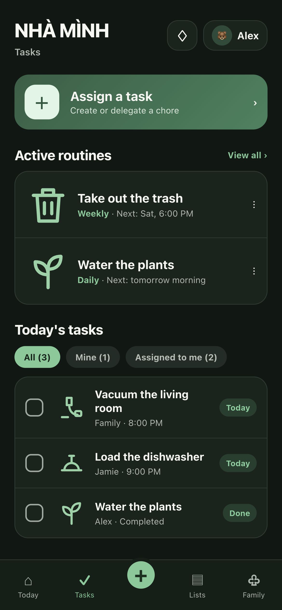 Chores and routines screen